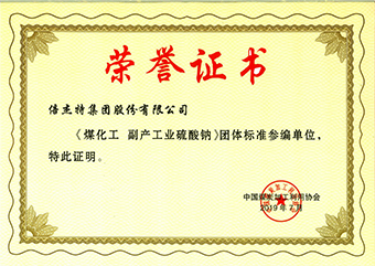 倍杰特集团股份有限公司煤化工副产工业硫酸 钠荣誉证书